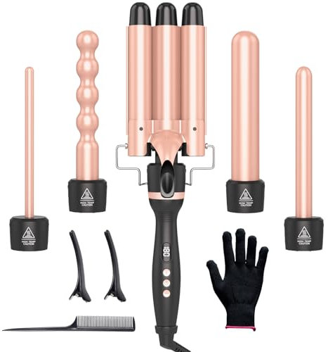 OBVHNUA Ferro Arricciacapelli 5 in 1 Piastra Onde Per Capelli 80-230℃ Regolazione Della Temperatura Riscaldamento Rapido PTC, con guanto, 2 mollette e 1 pettine