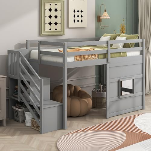 Favfurish Twin Size Loft Bed with Storage Staircase and Window,Wood loft Bedframe w/Length Guardrail and Slat Support, No Box Spring Needed,for Kids,Teens,Boys,Girls,Gray