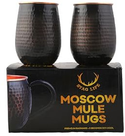 Staglife 16 Unzen Schwarzer Becher aus Reinem Kupfer für Trinkwasser Tassen Gläser 2er-Set Lebensmittelecht Handgefertigt Massives Moscow Mule Becherglas Gehämmert Ohne Griff Gebürstet Groß
