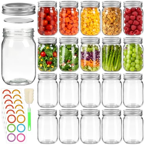 Mcupper 20 Pack 12 oz Mason Jars with Lids and Bands, Regular Mouth Glass Canning Jars with Labels and Brusher for Storage, Canning & Preserving, Dishwasher & Microwave Safe