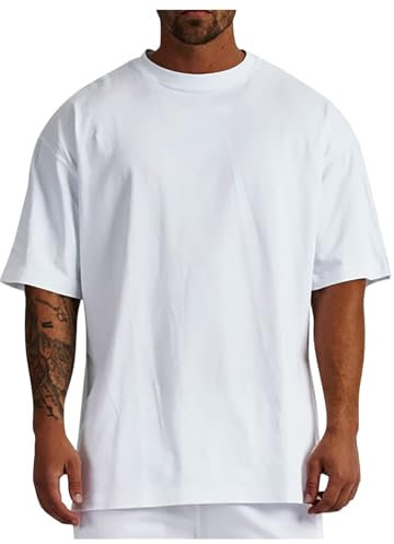 Oversized T-Shirt Men's Short Sleeve Crew Neck Loose Top Wide Cut Long Shirt Basic Vintage Clothes Gym T-Shirt Leisure Men's Oversize Fit Sweatshirt Top Loose Summer Outfit, White, L