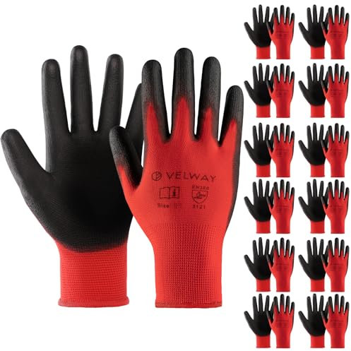 Velway 12 Paar Arbeitshandschuhe Mechaniker Handschuhe - Größe 7 Leichte Damen Gartenhandschuhe Rutschfeste mit PU-Beschichtete Herren Montagehandschuhe Atmungsaktive Handschuhe EN388 - Rot