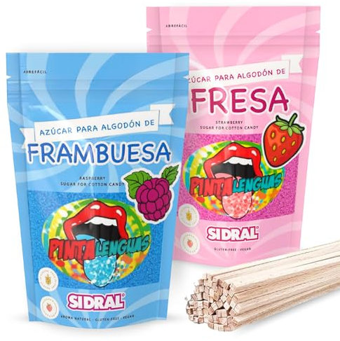 SIDRAL - Sucre Colorant Barbe à Papa pour machine - Sucre colorant pour la langue - Arômes et Colorants Naturels - Lot de 2 x 250GR (Fraise - Framboise) poudre barbapapa + 25 Bâtonnets recyclables
