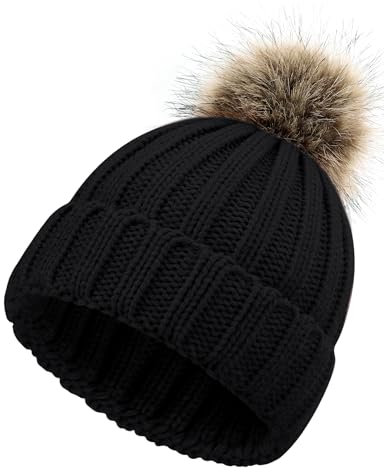 MELLIEX Bommelmütze Kinder, Warme Baby Wintermütze, Abnehmbare Pom Pom Strickmützen, Beanie für Jungen Mädchen 0-5 Jahre, Schwarz