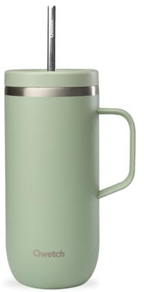 QWETCH - Cold Cup 600ml avec Poignée et Paille - 24h Glacé & 12h Froid - Vert Tilleul - Gourde Isotherme en Inox, Sans BPA, Tasse Thermo Café
