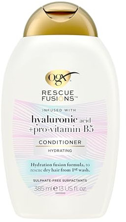 OGX Rescue Fusions Hydrating Conditioner, Hyaluronic Acid with Pro-Vitamin B5, Reduces Dry Hair from the First Wash, Sulfate Free, 385ml