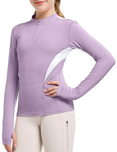 FitsT4 Sports Girls Long Sleeves Shirts Thumbhole English Horse Riding Shirt UPF50 Quick Dry Kids Equestrain Half Zip Jacket Purple Medium