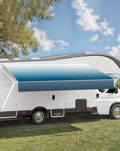 VEVOR Markise universeller Sichtschutz RV Markisen (609,6 cm) wasserdichte Wohnmobil-Markise mit Aluminiumlegierungsrahmen, Außenmarkise mit weißem Ständer und blauen Stoffen mit Farbverlauf