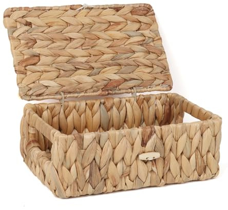 FEIALNDUO Cestas de Estante de Mimbre con Tapa, Cestas de Almacenamiento de Hierba de Mar Tipo Hamper Cajas Rectangulares para Organizador de Escritorio del Hogar (Natural, Extra Pequeño)