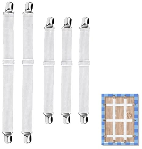 Azlanway Pinces à Nappe réglables – Lot de 5 Serre-nappes Invisibles avec Sangle élastique, sans Outil, Blanc, pour Table épaisse, Jardin, Pique-Nique, Usage intérieur et extérieur