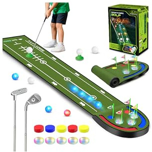 TERRAMUS Upgraded Golf Putting Mat for Kids, 7.8 Ft Putting Green with LED Light up Holes, Glowing Balls, 2 Clubs, Toy Golf Game Set, Golfing Mats Indoor Outdoor, Sport Golf Gift for Kids Teens Family