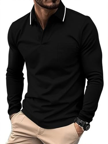 JACKETOWN Mens Polo Shirts Long Sleeve Breathable Work Polo Shirts Adult Casual Button Down Golf Tennis T Shirt,Black,XXL
