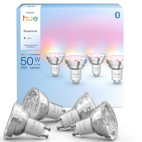 Philips Hue Essential Spot LED Connecté GU10, White and Color Ambiance, 4,7 W, 2200-6500 K, 345 lumens, intensité réglable, compatible Alexa, Google Assistant et Apple Home, pack de 4