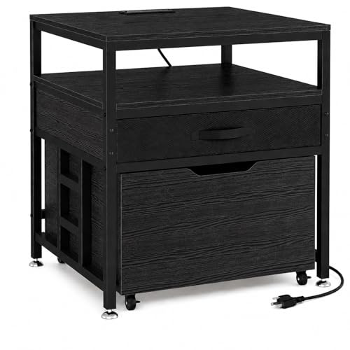 MILEFA Mini Fridge Stand with Storage Drawer for Dorm Room, 220 lb Heavy Duty Refrigerator Stand with Power Outlet and Pull-Out Basket, Small Fridge Table for Apartment, office, Kitchen, Black