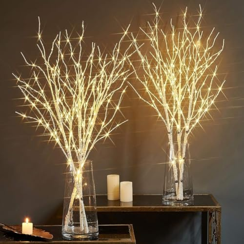 Rami Luminosi Scintillanti, Rami Illuminati a Batteria da 32 Pollici e Timer, Albero Artificiale per Riempire Vasi, Luci Fatate Bianche Calde per Decorazioni Natalizie e per Interni(2*White)