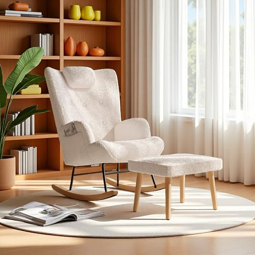 Mecedora con reposacabezas, bolsillo lateral y reposapiés, sillón moderno con respaldo alto, silla relajante suave y sillón de lactancia, silla de salón, sillón reclinable acolchado, beige (estilo 3)
