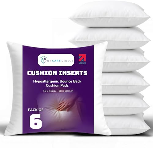UK Care Direct Pack of 6 Cushion Inserts 45cm x 45cm - 18 x 18 Cushion Insert - White Square Cushions, Hypoallergenic Cushion Inner - Bounce Back Cushion Pads for Sofa & Couches - Pack of 6