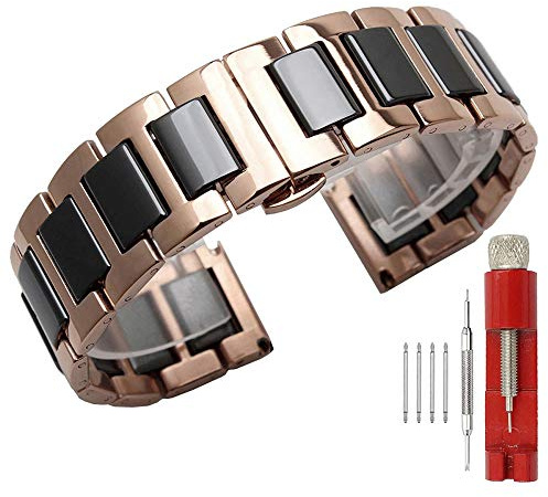 Kai Tian 14mm Uhrenarmband Roségold für Mädchen Herren Schwarz Keramik Uhrenarmband Ersatz Metallarmband Uhr Edelstahl Armband Armbanduhr Damen