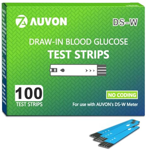 AUVON DS-W Draw-in Blood Glucose Test Strips for use with AUVON DS-W Diabetes Sugar Testing Meter (No Coding Required, 100 Count)