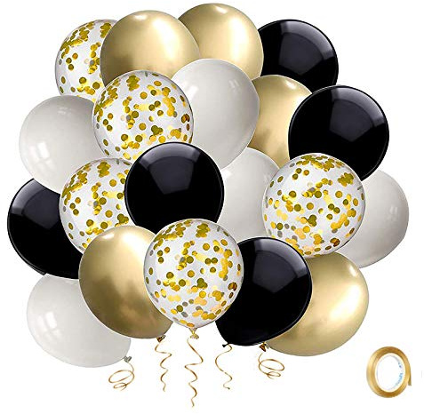 Black and Gold Confetti Balloons, 50 Pack 12inch White Latex Party Balloon Set with Gold Ribbon for New Year Graduation Birthday Baby Shower Decorations
