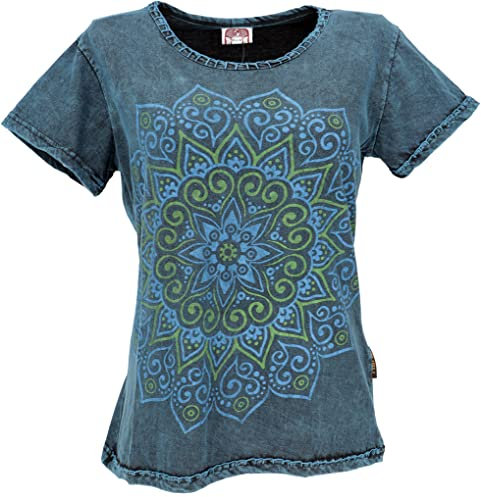 GURU SHOP Boho T-Shirt mit Mandaladruck, Stonewashed T-Shirt - Blau, Damen, Baumwolle, Size:M