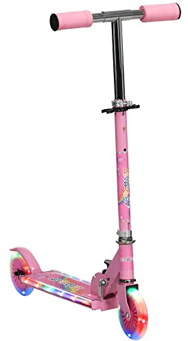 HOMCOM Monopattino per Bambini 3-7 Anni Pieghevole a 2 Ruote e Altezza Regolabile con Luci LED e Musica, 67x30x63/68/73/76 cm, Rosa