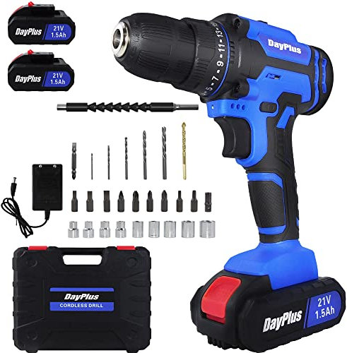 Akku-Bohrmaschine,21V Akku Bohrer,Professionell Akkubohrschrauber mit 2 Li-Ion Batterien,1H Schnellladegerät,Akku Schlagbohrschrauber mit 26tlg Zubehör Set,2-Gang-Getriebe,45Nm AkkuBürste