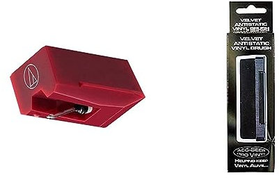 Audio Technica ATN95EX Daimond Elliptical Stylus (Replacment Stylus for Phono Cartridge AT95EX) (Red) & Acc-Sees Pro Vinyl Velvet Brush Record Cleaner – Includes Stylus Pick Up Brush - Anti-Static