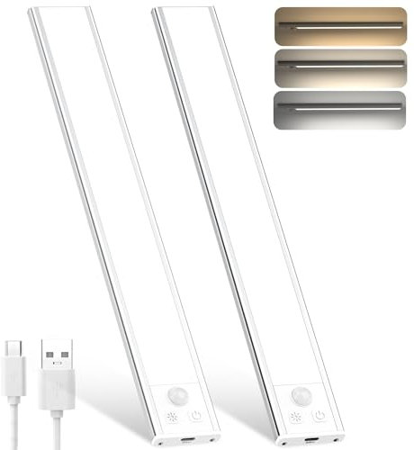 OUILA Under Cabinet Kitchen Lights, 108 LED (2 Pack) 3 Color Stepless Dimming Motion Sensor Lights Indoor, 1800mAh USB-C Rechargeable LED Lights for Cupboard, Kitchen