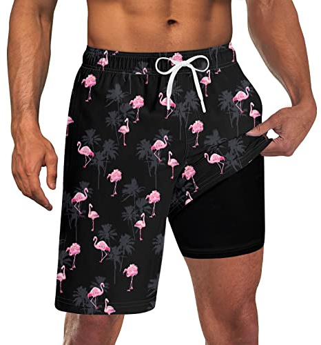 Men's Flamingo Swim Trunks with Compression Liner 9 Inch Inseam Board Shorts Bathing Suits Boxer Brief Quick Dry Swimsuit 2 in 1 Hawaiian Tropical Palm Tree Swimming Trunk