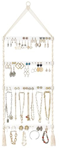 Mkono Hanging Jewelry Organizer Macrame Necklace Holder Wall Mounted Jewelry Hanger Earring Holder Organizer Boho Decor Over Door Jewelry Display Necklace Rack for Necklaces Bracelets Earrings