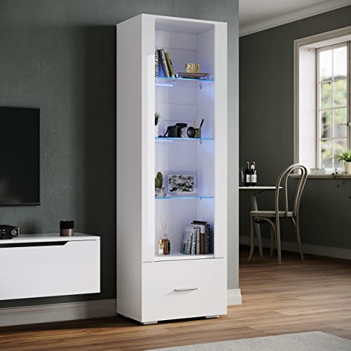 SONNI Vetrinetta soggiorno, Vetrina Trasparente con luce LED Illuminata, Frontale Bianco Lucido, Vetrinetta da Collezionismo, Vetrina Soggiorno Moderna, 55x35x172cm