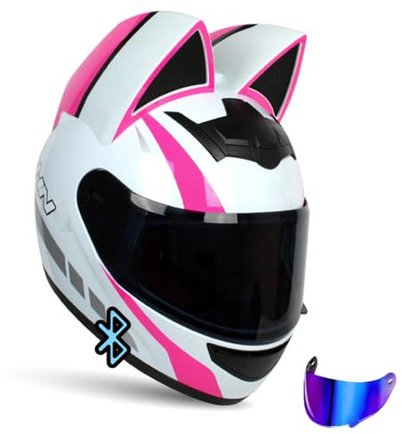 Cool and Cute Motorcycle Cat Ear Helmet for Girl Women, DOT Certified Bluetooth Motorcycle Helmet Full Face Flip-Up Integrated Motorbike Gift Helmet, Cat Racing Motocross Helmets