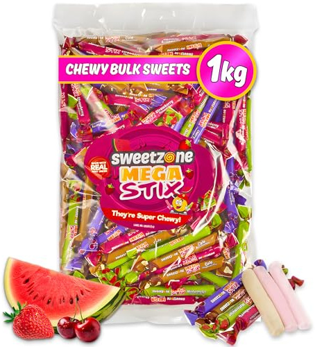Sweetzone Mega Stix, 1kg Assorted Fruity Flavours Bag of Sweets - Enjoy the Burst of Real Fruit Juices with these Chewy Sweets Fruity Treats Sticks - Halal Candies, Perfect for Kids and Candy Lovers
