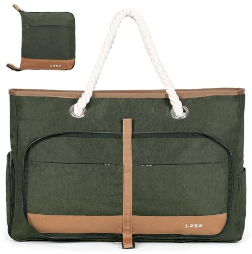 Lekespring XXL Grand Sac de Plage Femme avec Compartiment Chaussures Séparé, 35 Litres - Cabas Plage Pliable Imperméable, Idéal pour la Plage, les Voyages et un Usage Quotidien -Vert