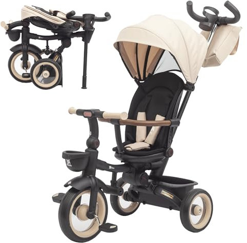 Twinly - Evolutionäres Dreirad für Babys, Sami, faltbar, mit drehbarem Sitz, um 360 Grad drehbar, 2 Jahre – Kinderwagen, Lauflernspielzeug, 1-5 Jahre oder 25 kg – Licht, ausziehbares Verdeck (Beige)