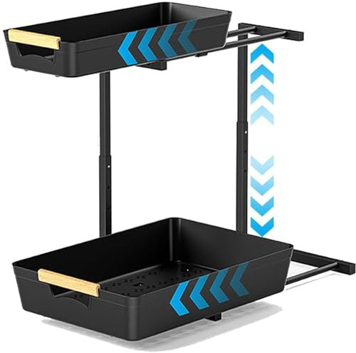 HASA zone Extraíble Organizador Bajo Fregadero de 2 Niveles, Ajustable en Altura 33.5-41.5 cm Organizador Cocina, Almacenamiento y Organización en Cocina et baño, Negro
