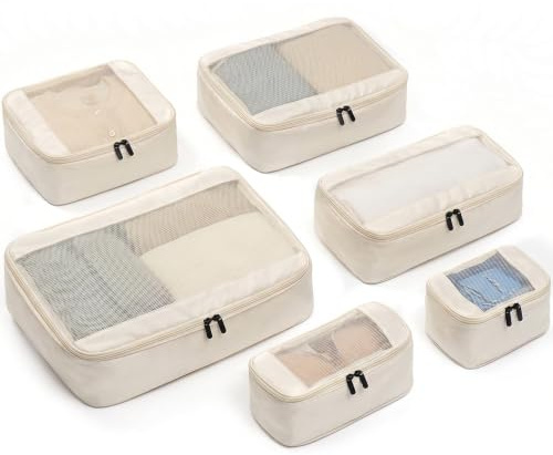 MURISE Compression Packing Cubes Set om 6, Komprimerbar Packkuber för Ryggsäck, Suitcase Organizer Resekuber för Semester och Resor, Travel Essentials, Beige