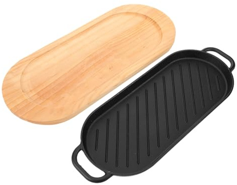 MUCKLILY Plato De Bistec De Hierro Fundido Con Bandeja De Madera Sartén Para Asar Carne Resistente y Duradera Para Restaurante y Uso Doméstico