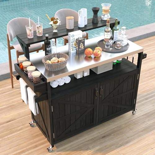 Merax 53.3 Outdoor Kitchen Island with Raised Shelf, Solid Wood Storage Cabinet with Stainless Steel Top, Rolling Grill Cart, Adjustable Shelf, Black