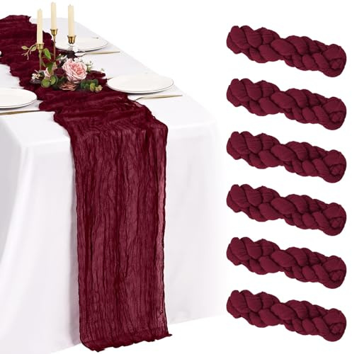 6-pack vinröd ostduk bordslöpare 10 fot boho gasväv ostduk bordslöpare tvättbar romantisk rustik bordsdekorationer för bröllop fest födelsedag semester hemma (55 x 300 cm)