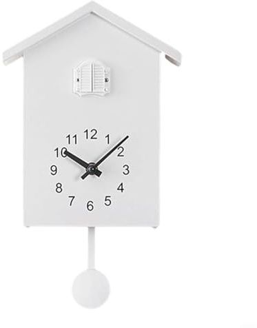Glomc Reloj de cuco, reloj de pared de cuco con llamada de pájaro y péndulo con diseño moderno de casa de pájaros, funciona con pilas para decoración del hogar (blanco)
