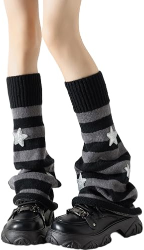 Yawlsow Arm and Leg Warmers for Women Girls Y2k Knit Leg Warmer Kawaii Lolita Goth Harajuku Streetwear Grunge Accessories (leg Gray-black stripes, One Size)