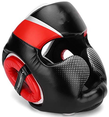 Casque de boxe Protection du visage Épaissir Sanda Combat Muay Thai Équipement d'entraînement pour adultes L Rouge PU Unisexe Arts de combat Boxe Gym