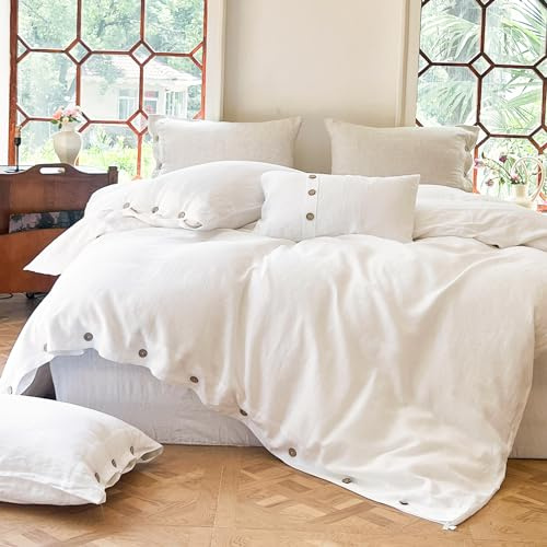 Simple&Opulence Set Copripiumino in Puro Lino,Set Copripiumino e 2 Federe,Traspirante Ipoallergenico,Copripiumini Matrimoniale 230x220cm,Bianca