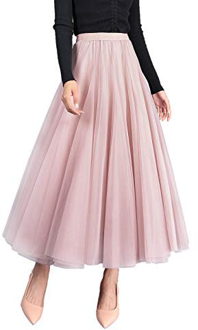 Camilife Edler Tüllrock Maxirock A Linie Elastischer Hoher Bund Großer Saum Cool Prinzessin Langer Rock für Damen Mädchen Must-Haves der Saison - Einfarbig Pink