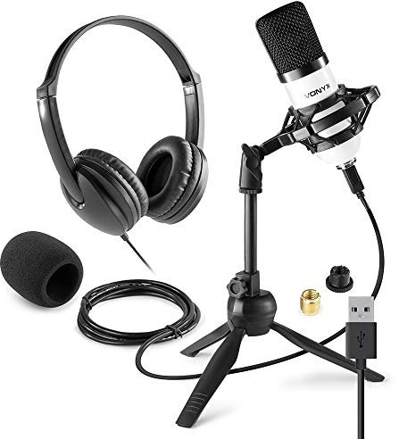 VONYX USB Studio Microphone Set with Condenser Mic, Shock Mount, Desktop Stand and Studio Headphones - Home Podcasting, Live Streaming and Vocal Recording Kit for PC and Mac, White