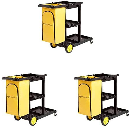 AmazonCommercial Reinigungswagen mit Reißverschlusstasche und 2 Ablageflächen, 3er Packung