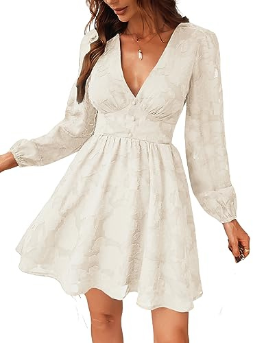 CUPSHE Mini Robe Femme en Dentelle Moulante à Manches Longues Imprimé Floral Col en V Robe de Cocktail Casual Party Soirée Blanc M