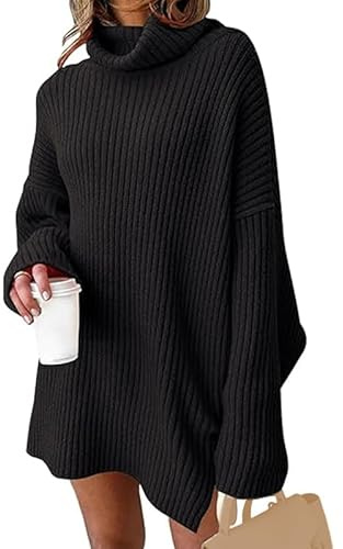 JFAN Robe Femme Hiver Knitted Dress à Col Roulé Grande Taille à Manches Longues Robe Pull Femme,Noir,x-Large